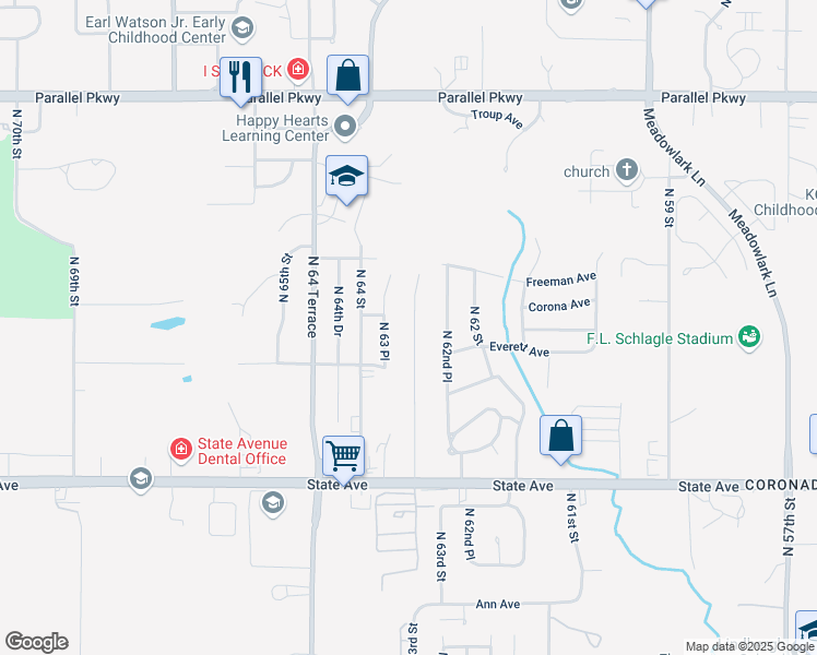 map of restaurants, bars, coffee shops, grocery stores, and more near 1436 North 63rd Terrace in Kansas City