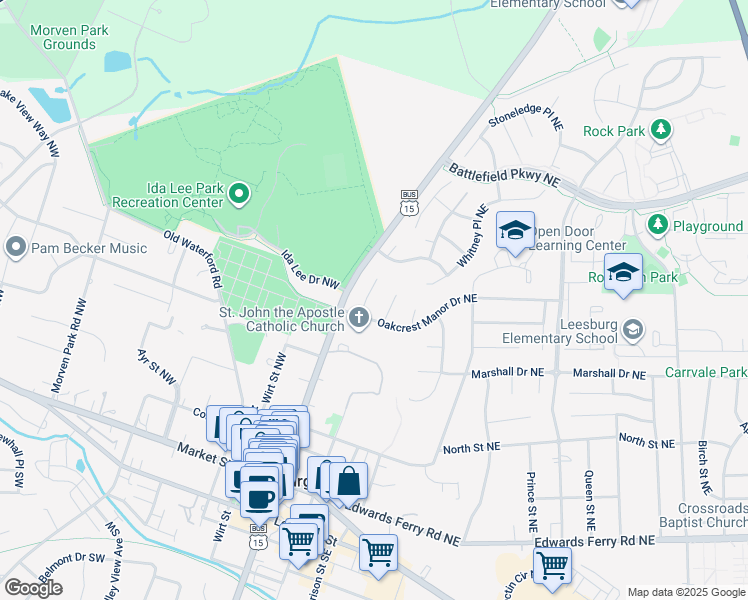 map of restaurants, bars, coffee shops, grocery stores, and more near 406 Tudor Court Northeast in Leesburg