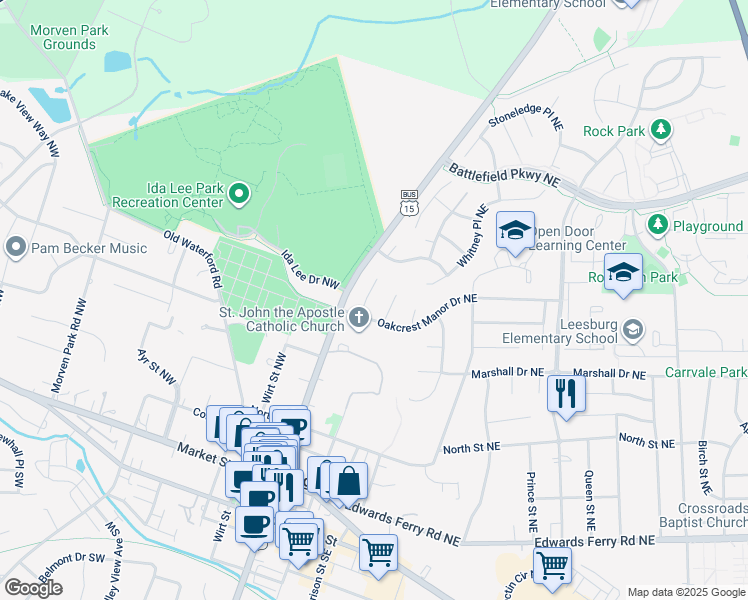 map of restaurants, bars, coffee shops, grocery stores, and more near 406 Tudor Court Northeast in Leesburg