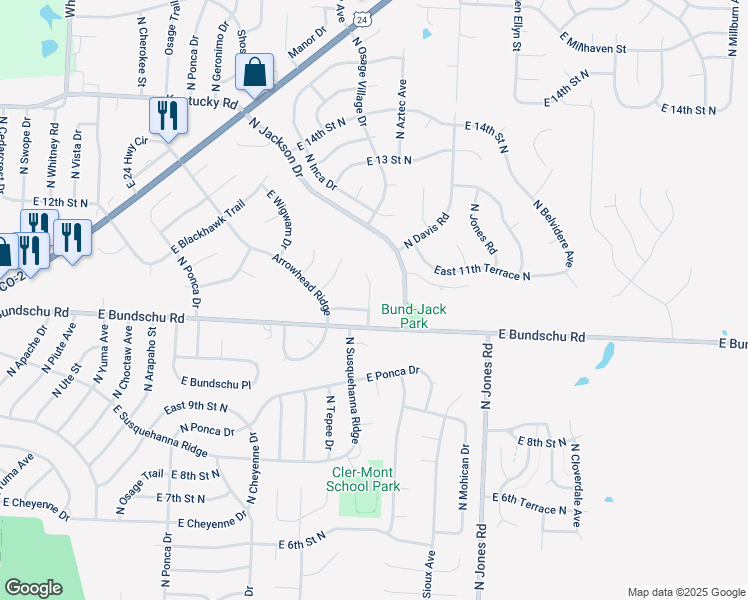 map of restaurants, bars, coffee shops, grocery stores, and more near 1023 North Aztec Court in Independence