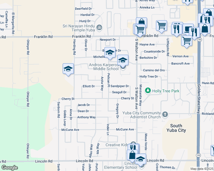 map of restaurants, bars, coffee shops, grocery stores, and more near 385 Pelican Place in Yuba City