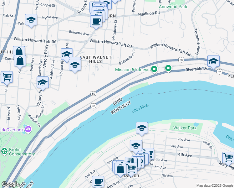 map of restaurants, bars, coffee shops, grocery stores, and more near 2079 Riverside Drive in Cincinnati