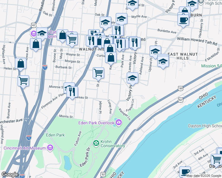 map of restaurants, bars, coffee shops, grocery stores, and more near 1031 Windsor Street in Cincinnati