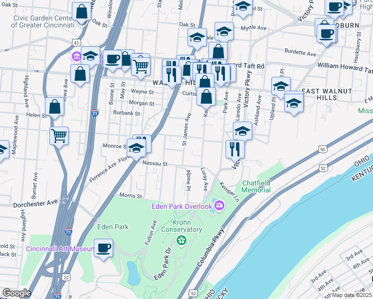 map of restaurants, bars, coffee shops, grocery stores, and more near 2223 Kemper Lane in Cincinnati