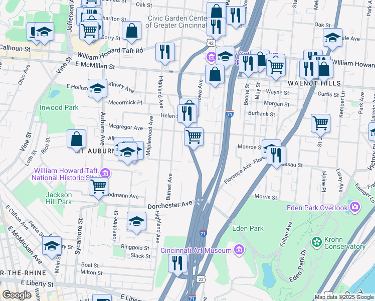 map of restaurants, bars, coffee shops, grocery stores, and more near 2201 Reading Road in Cincinnati