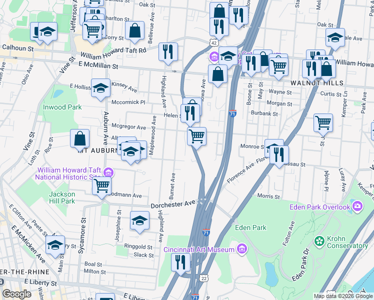 map of restaurants, bars, coffee shops, grocery stores, and more near 2201 Reading Road in Cincinnati