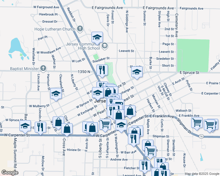 map of restaurants, bars, coffee shops, grocery stores, and more near 307 North State Street in Jerseyville