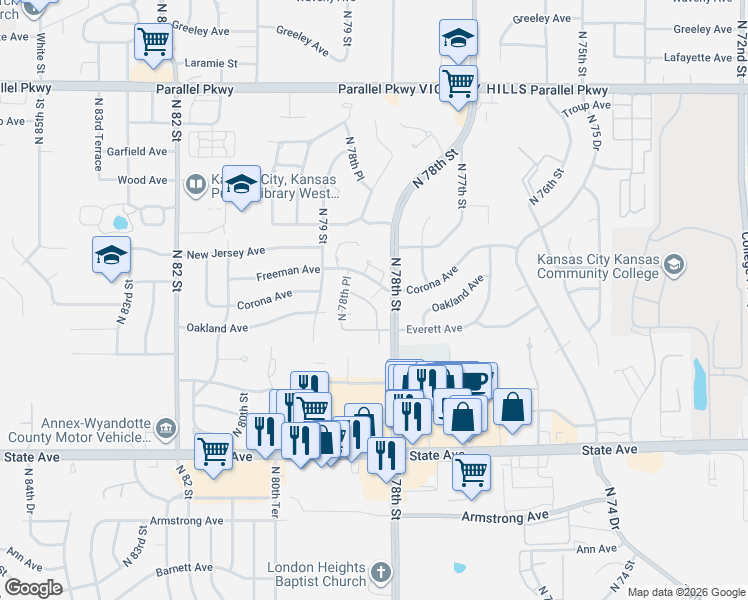 map of restaurants, bars, coffee shops, grocery stores, and more near 1510 North 78th Street in Kansas City