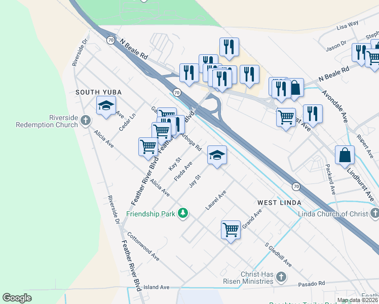 map of restaurants, bars, coffee shops, grocery stores, and more near 1024 Kay St in Olivehurst
