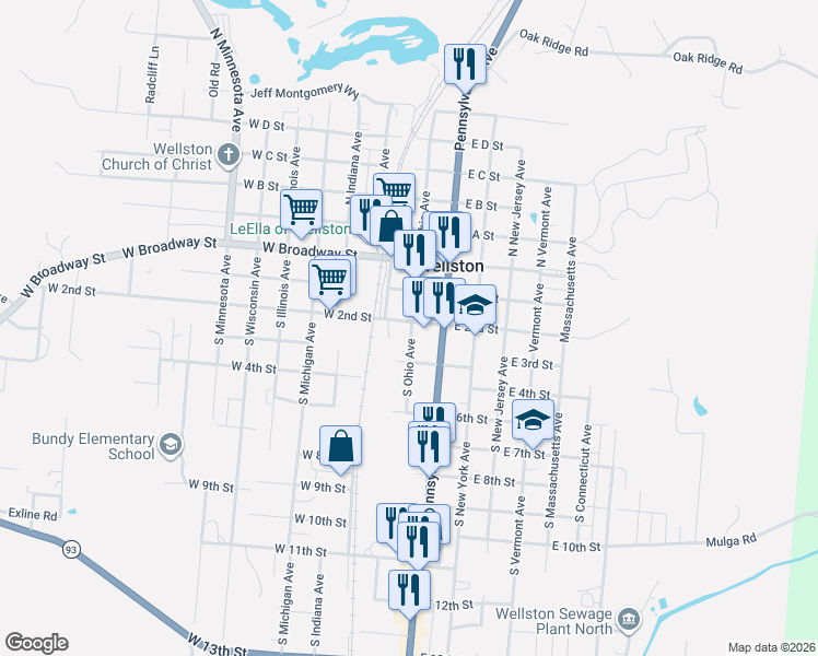 map of restaurants, bars, coffee shops, grocery stores, and more near 32E East 2nd Street in Wellston