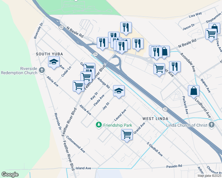 map of restaurants, bars, coffee shops, grocery stores, and more near 5765 Arboga Road in Olivehurst
