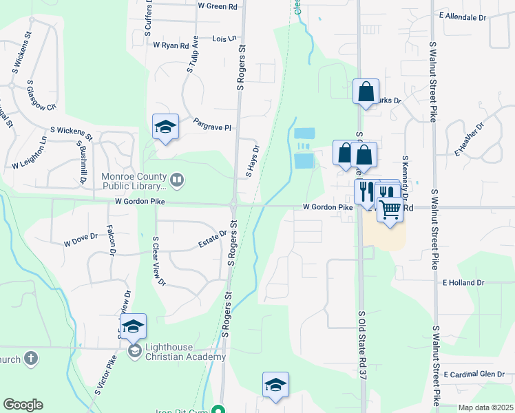 map of restaurants, bars, coffee shops, grocery stores, and more near 451 West Gordon Pike in Bloomington