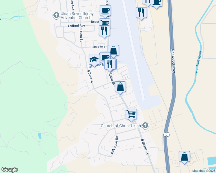 map of restaurants, bars, coffee shops, grocery stores, and more near 2100 South State Street in Ukiah