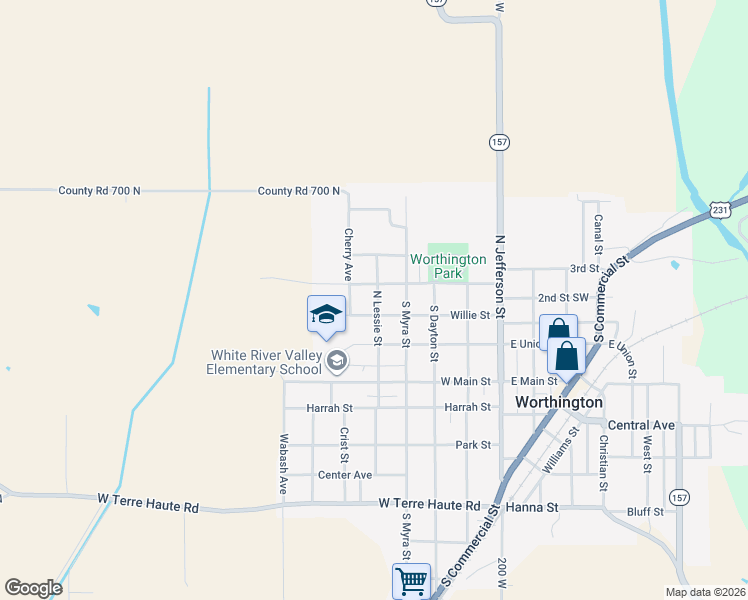 map of restaurants, bars, coffee shops, grocery stores, and more near 216 North Lessie Street in Worthington