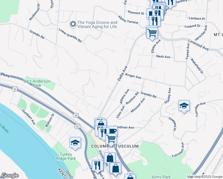 map of restaurants, bars, coffee shops, grocery stores, and more near 565 Delta Avenue in Cincinnati
