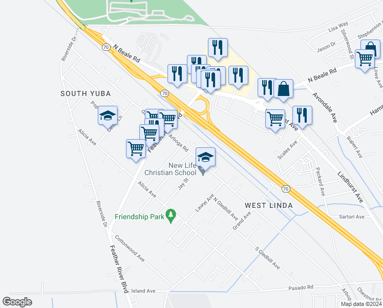 map of restaurants, bars, coffee shops, grocery stores, and more near Arboga Road & Fleda Avenue in Olivehurst