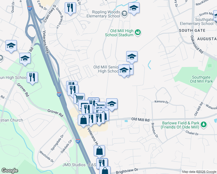 map of restaurants, bars, coffee shops, grocery stores, and more near 8126 Phirne Road East in Glen Burnie