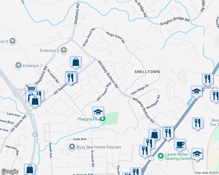 map of restaurants, bars, coffee shops, grocery stores, and more near 9525 Old Lantern Way in Laurel