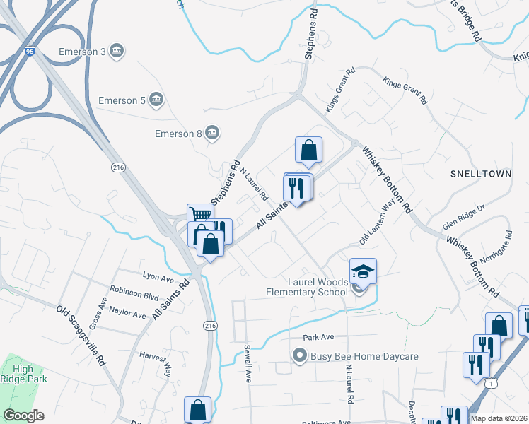 map of restaurants, bars, coffee shops, grocery stores, and more near 9755 Whiskey Run in Laurel