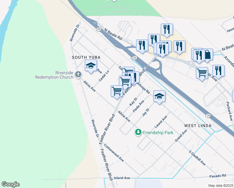 map of restaurants, bars, coffee shops, grocery stores, and more near 5816 Feather River Boulevard in Linda