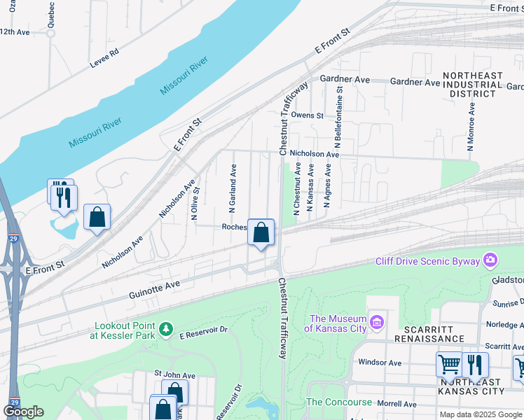 map of restaurants, bars, coffee shops, grocery stores, and more near 720 North Montgall Avenue in Kansas City