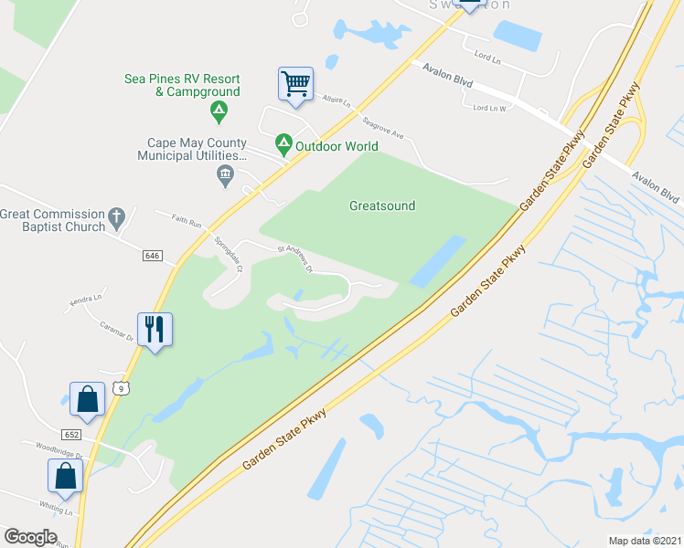 map of restaurants, bars, coffee shops, grocery stores, and more near 806 Saint Andrews Drive in Cape May County
