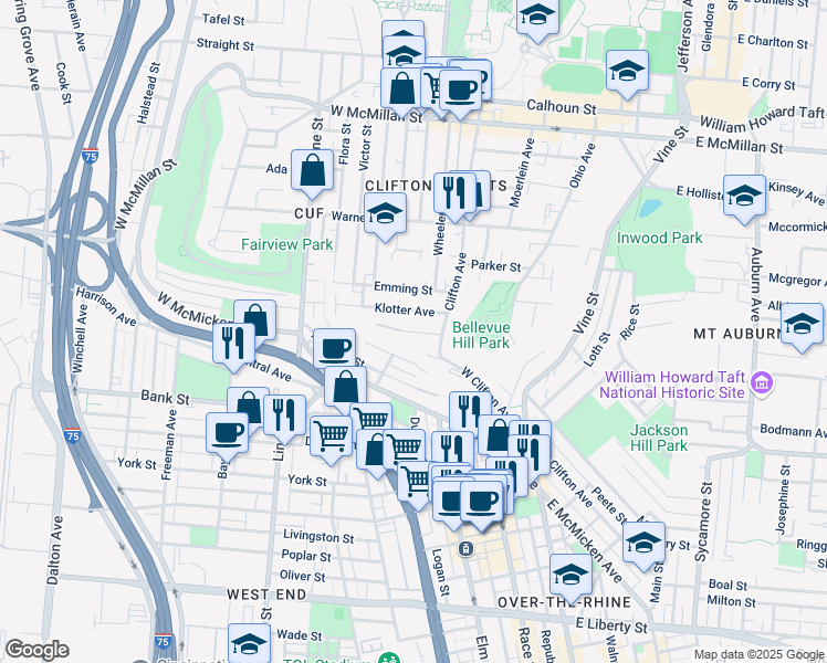 map of restaurants, bars, coffee shops, grocery stores, and more near 229 Hastings Street in Cincinnati