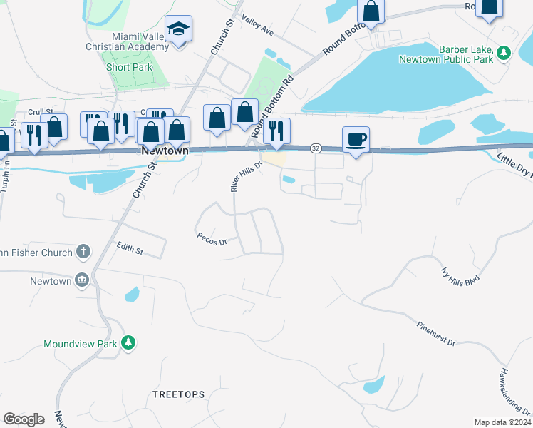 map of restaurants, bars, coffee shops, grocery stores, and more near 7041 Monongahela Drive in Cincinnati