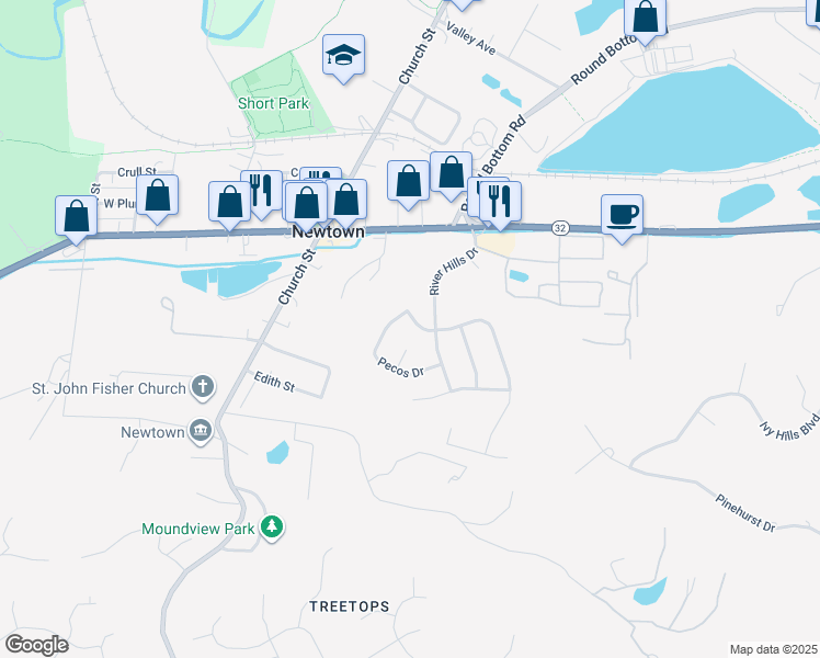 map of restaurants, bars, coffee shops, grocery stores, and more near 6905 Monongahela Drive in Cincinnati