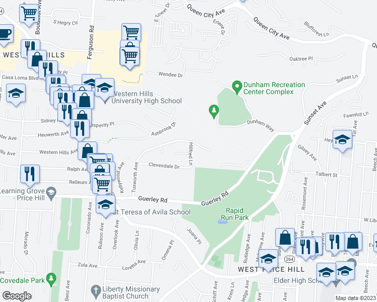 map of restaurants, bars, coffee shops, grocery stores, and more near 4700 Embrett Court in Cincinnati