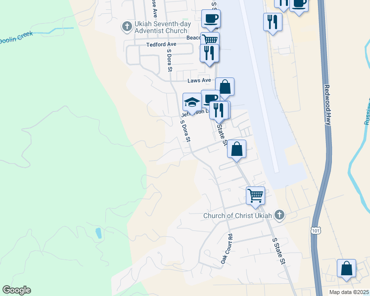 map of restaurants, bars, coffee shops, grocery stores, and more near 2100 South Dora Street in Ukiah