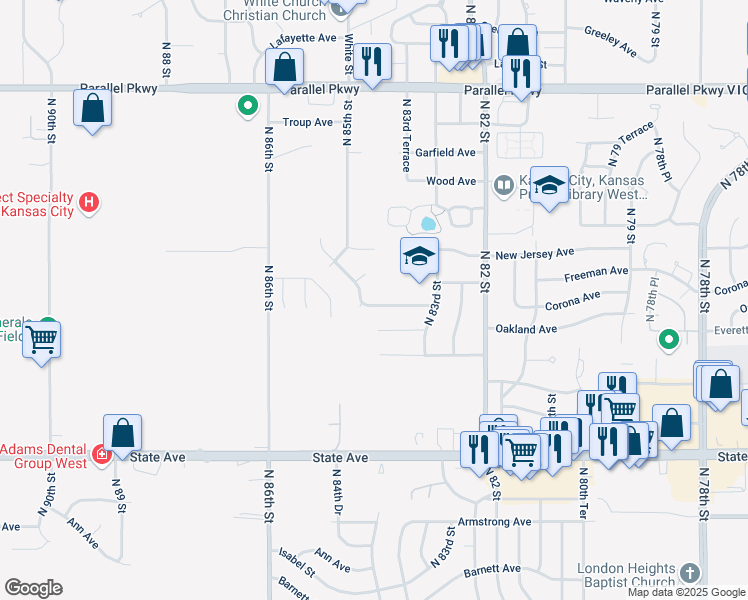 map of restaurants, bars, coffee shops, grocery stores, and more near 8400 Corona Avenue in Kansas City