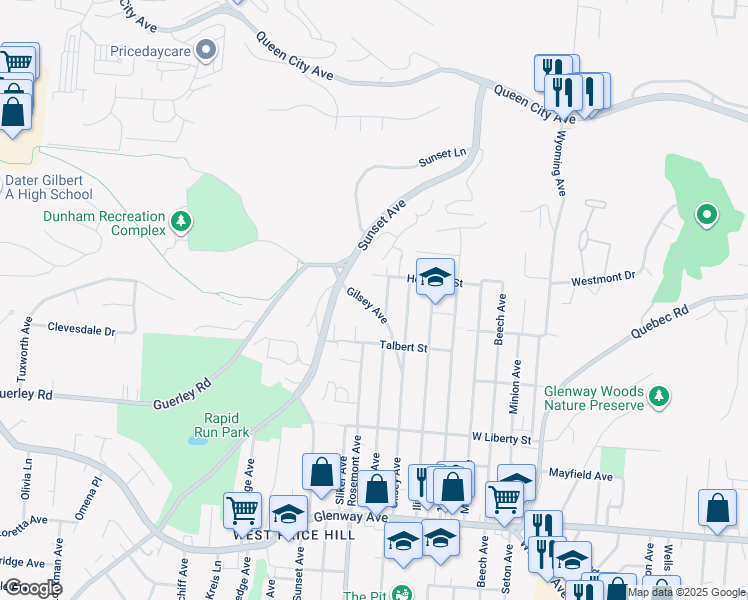 map of restaurants, bars, coffee shops, grocery stores, and more near 1736 Gilsey Avenue in Cincinnati