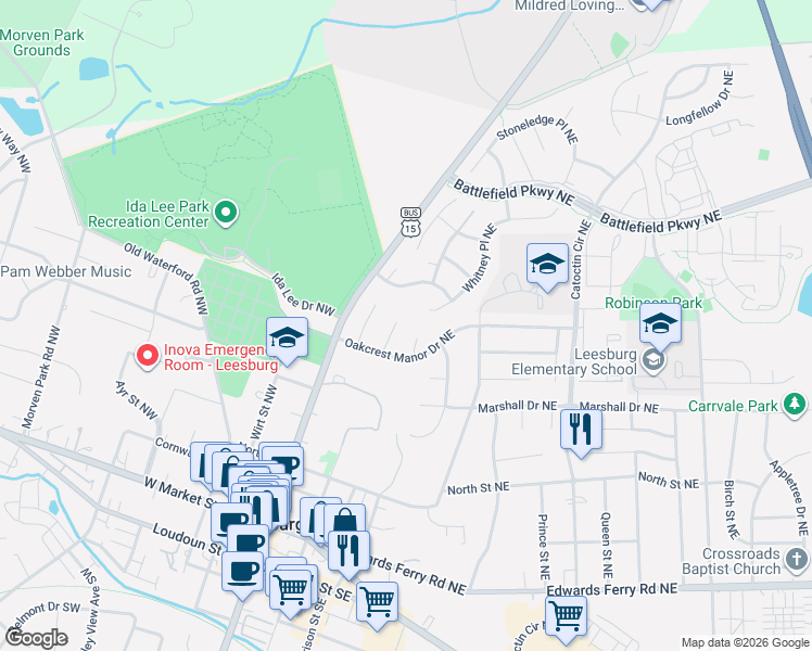 map of restaurants, bars, coffee shops, grocery stores, and more near 410 Georgetown Court Northeast in Leesburg