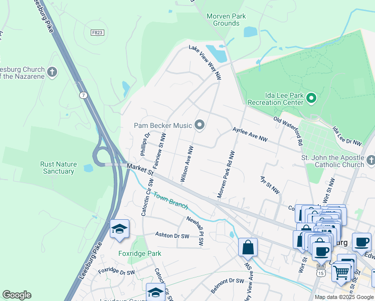 map of restaurants, bars, coffee shops, grocery stores, and more near 107 Wilson Avenue Northwest in Leesburg
