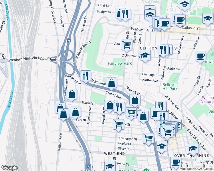 map of restaurants, bars, coffee shops, grocery stores, and more near 457 West McMicken Avenue in Cincinnati