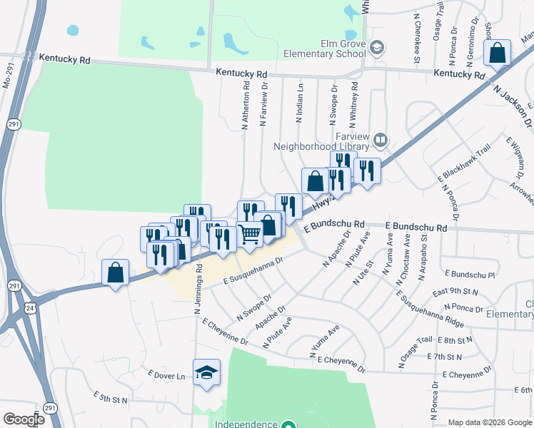 map of restaurants, bars, coffee shops, grocery stores, and more near 17206 East Bundschu Road in Independence