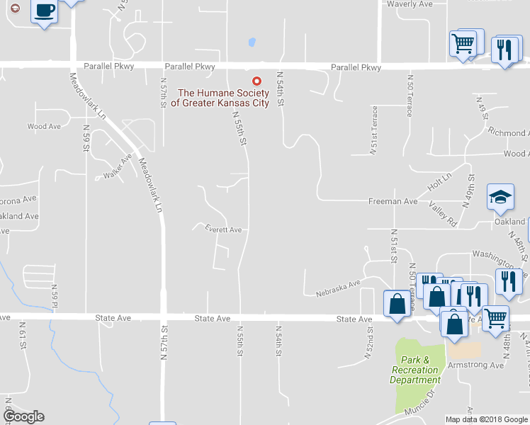 map of restaurants, bars, coffee shops, grocery stores, and more near 1501 North 55th Street in Kansas City