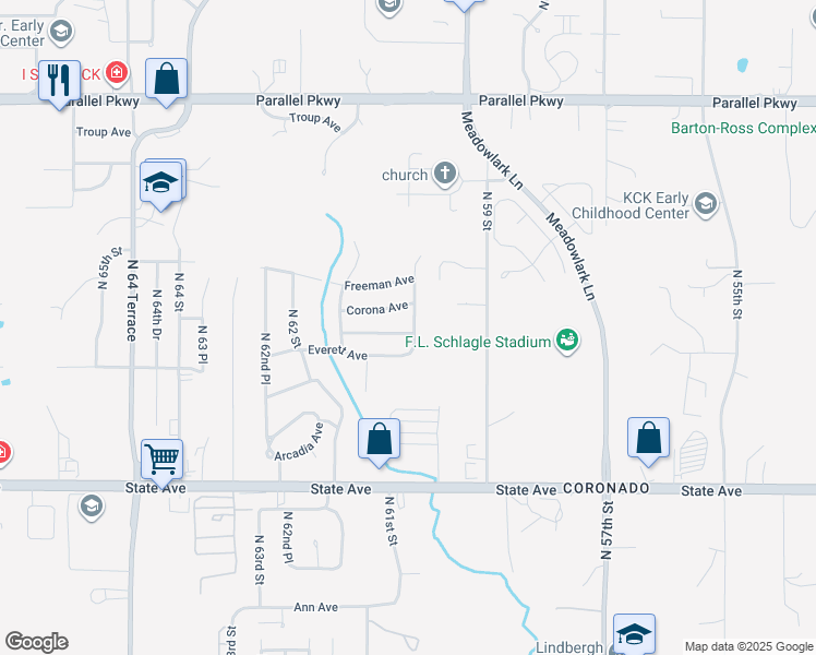 map of restaurants, bars, coffee shops, grocery stores, and more near 6000 Oakland Avenue in Kansas City