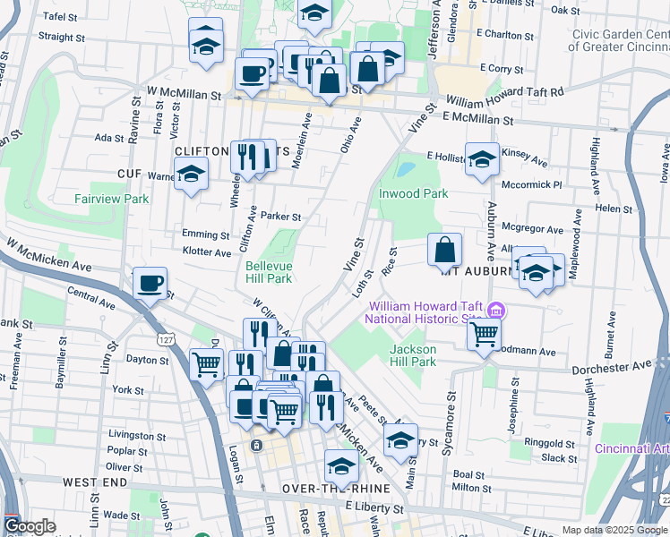 map of restaurants, bars, coffee shops, grocery stores, and more near 2213 Vine Street in Cincinnati