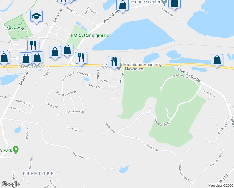 map of restaurants, bars, coffee shops, grocery stores, and more near 7481 Valley View Place in Newtown
