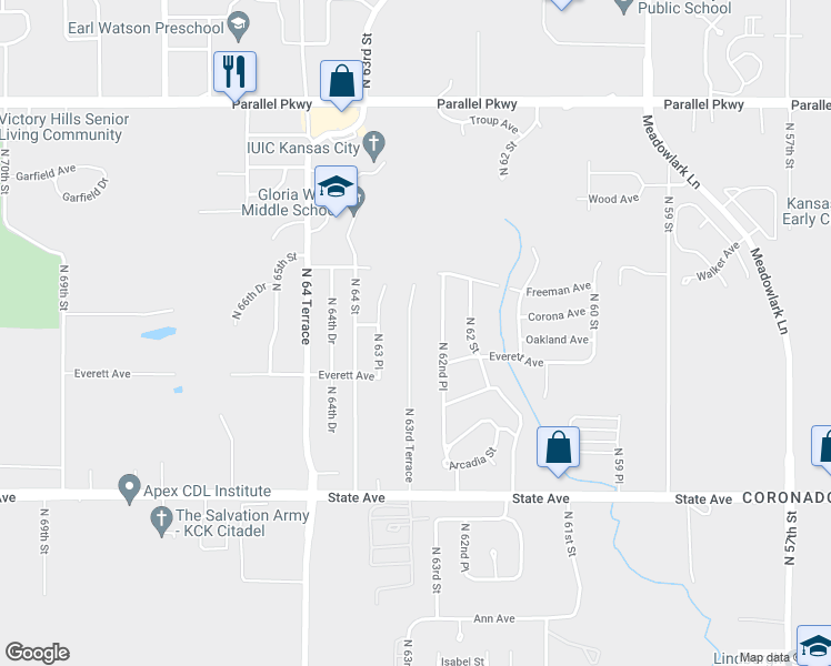 map of restaurants, bars, coffee shops, grocery stores, and more near 1505 North 63rd Terrace in Kansas City