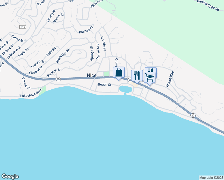 map of restaurants, bars, coffee shops, grocery stores, and more near 3512 Lakeshore Boulevard in Lakeport