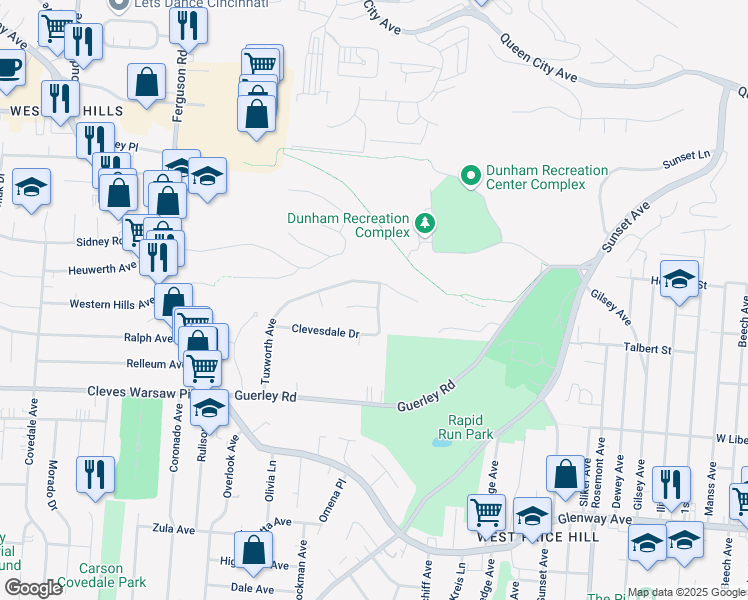 map of restaurants, bars, coffee shops, grocery stores, and more near 4700 Embrett Court in Cincinnati