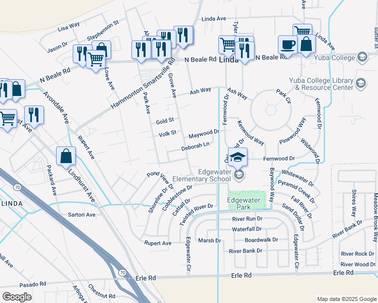 map of restaurants, bars, coffee shops, grocery stores, and more near 1682 Deborah Lane in Marysville
