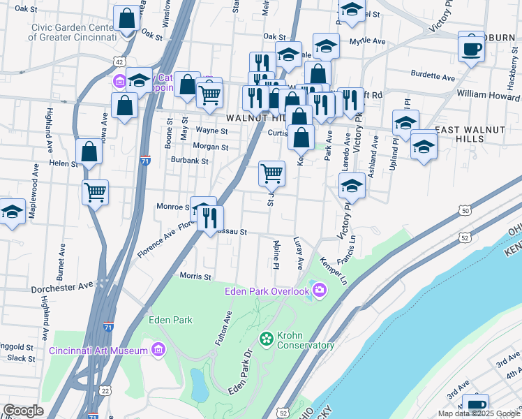 map of restaurants, bars, coffee shops, grocery stores, and more near 963 Francisco Street in Cincinnati