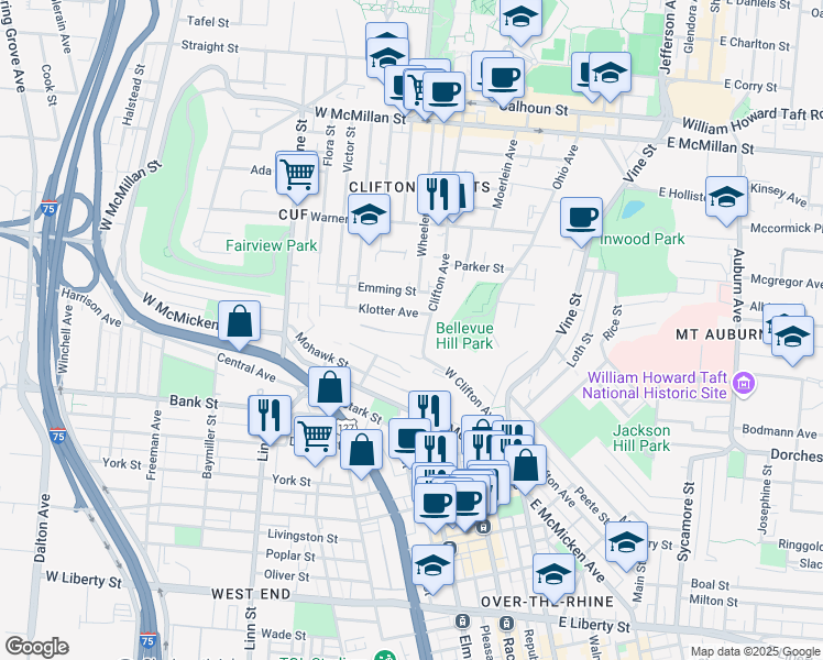 map of restaurants, bars, coffee shops, grocery stores, and more near in Cincinnati