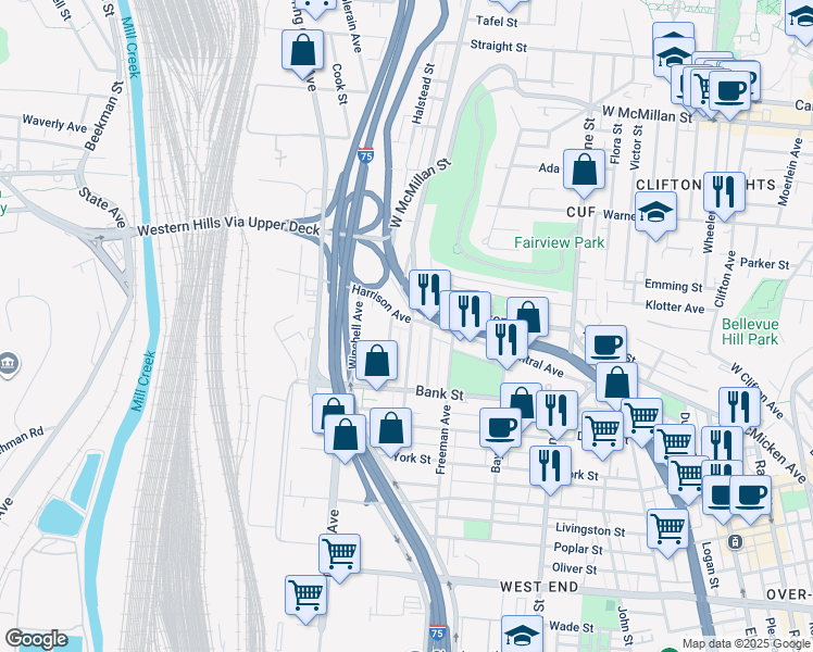 map of restaurants, bars, coffee shops, grocery stores, and more near 2183 Central Avenue in Cincinnati