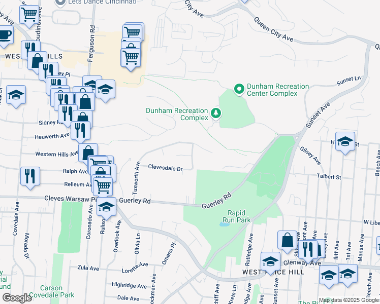 map of restaurants, bars, coffee shops, grocery stores, and more near 4700 Embrett Court in Cincinnati