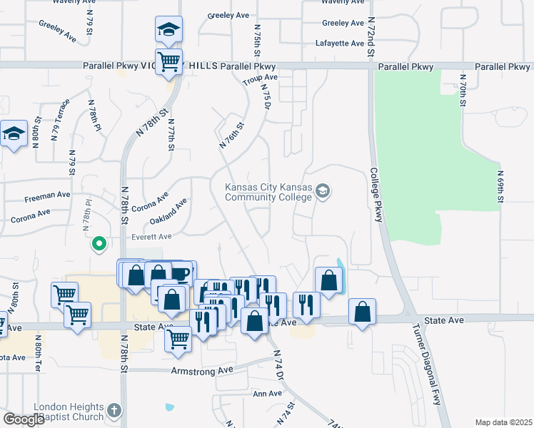 map of restaurants, bars, coffee shops, grocery stores, and more near 1436 North 74 Street in Kansas City
